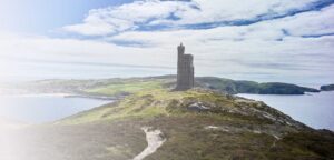 Aerial view of Milner Tower with distant views of Port Erin and the Calf of Man.
